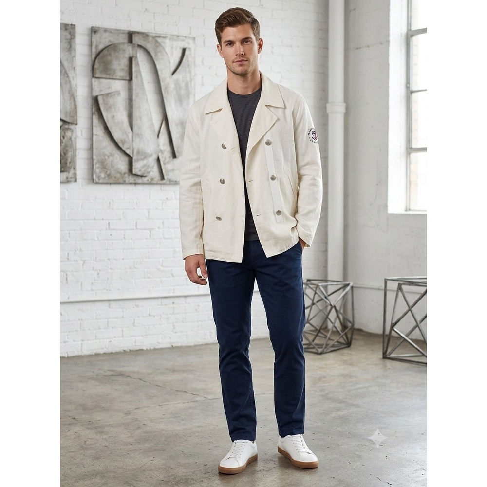 Tommy Hilfiger Classics Mens Linen Double Breasted Nautical Jacket Cream White M